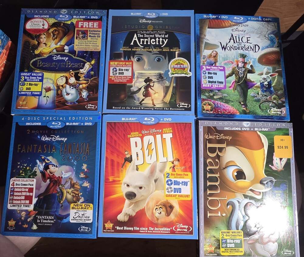 6 Disney Blu-ray, Dvd Lot (2 New) Bambi Fantasia Bolt Beauty and the Beast